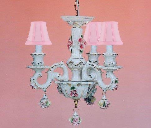 AUTHENTIC CAPODIMONTE PORCELAIN CHANDELIER CHANDELIERS LIGHTING MADE IN ITALY WITH PINK SHADES!