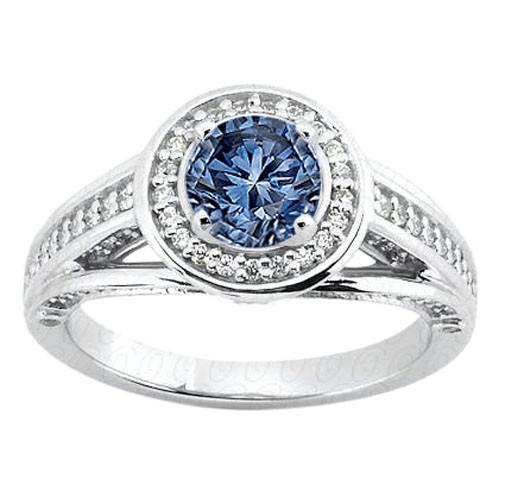 Solitaire with accents 1.85 carats blue halo round diamond ring gold white 14K