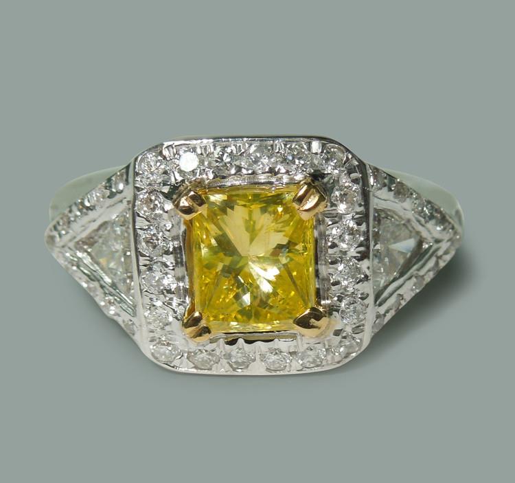 3.01 carat yellow canary radiant diamond three stone style ring white gold 14K