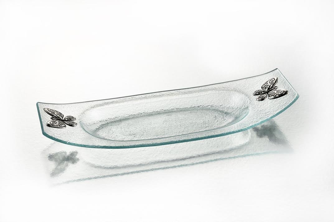 Fifth Avenue Butterfly Oval Bowl Large Serving platter Crystal Glass Centerpiece