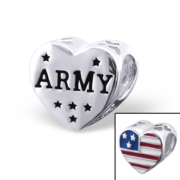 Cheneya Sterling Silver Army Heart Bead with American Flag for Charm Bracelets