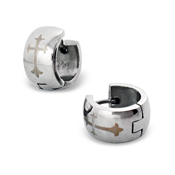 Stainless Steel Cuff Steel Huggies Earrings with Medieval Cross