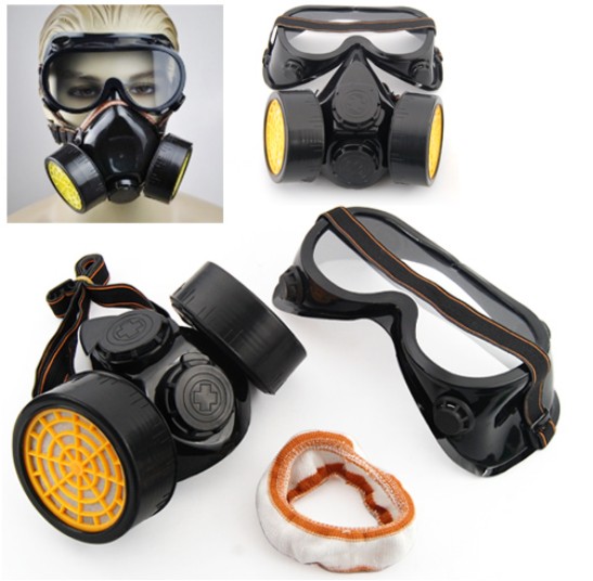 Double Cartridges Filter Cotton Chemical Respirator Anti Dust Mask With Eye Goggles