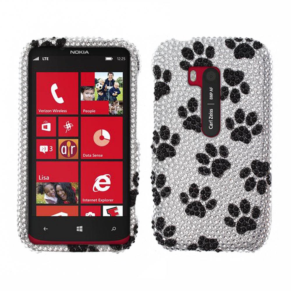 Nokia Lumia 822 Hard Case Cover   Black White Dog Paw Full Rhinestones