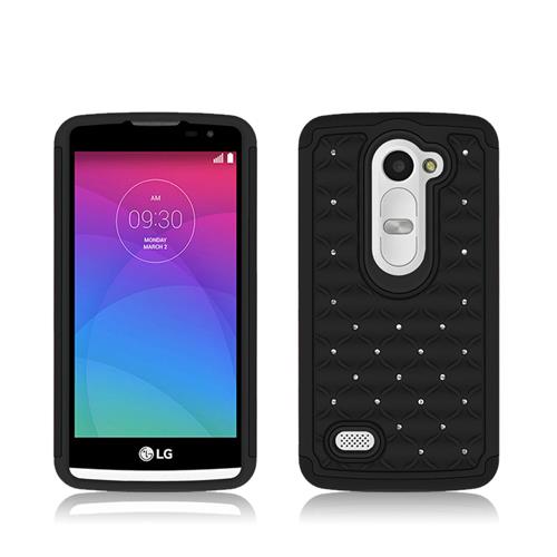 LG Leon C40 Hard Cover and Silicone Protective Case   Hybrid Black Luxurious Lattice Dazzling w/ Bling Stones