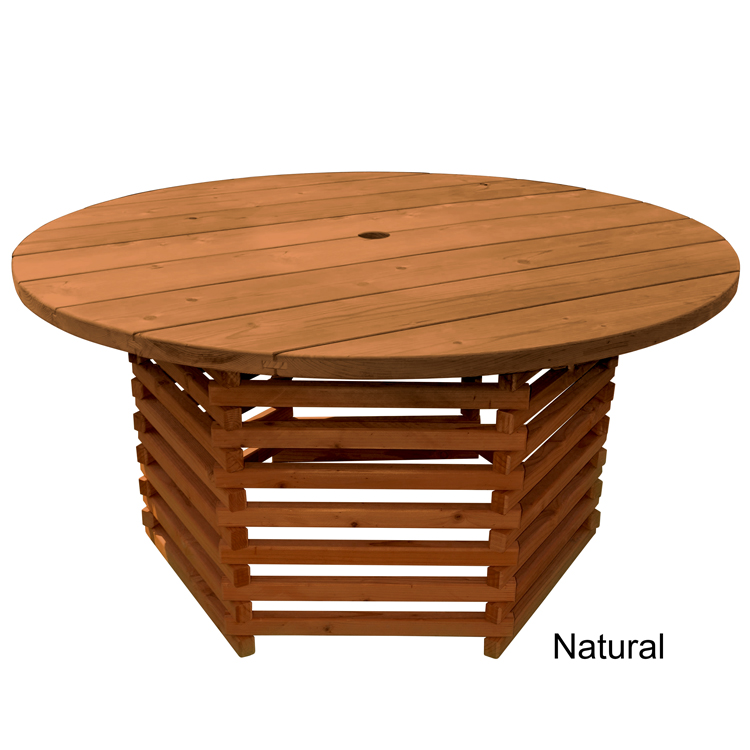 TROOPS BBQ Redwood Outdoor Round Table 61 Inch w/Slat Base, Umbrella Hole, Natural Stain