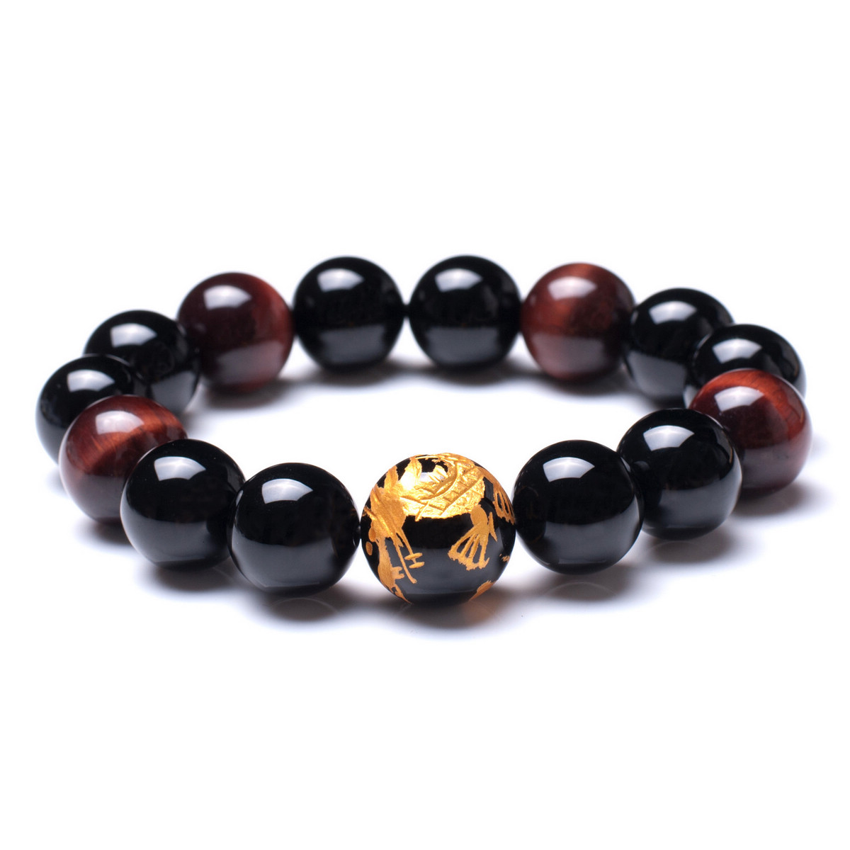 Merdia 16mm Men's Natural Tiger Eye Agate Chatoyancy Stretch Bracelet W/20mm Big Golden Dragon Pattern Bead