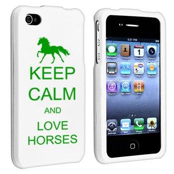 Apple iPhone 4 4S White Rubber Hard Case Snap on 2 piece Green Keep Calm and Love Horses