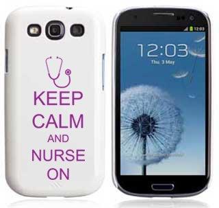 White Samsung Galaxy S III S3 Rubber Hard Back Case Cover Purple Keep Calm and Nurse On Stethoscope