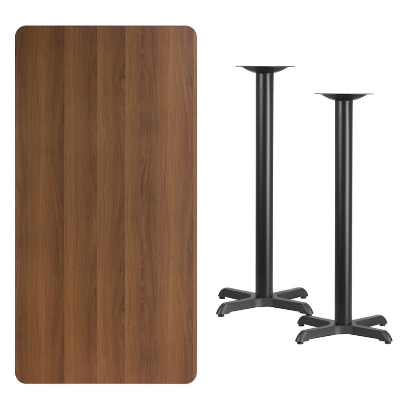 Flash Furniture XU WALTB 3060 T2222B GG 30'' x 60'' Rectangular Walnut Laminate Table Top with 22'' x 22'' Bar Height Table Bases