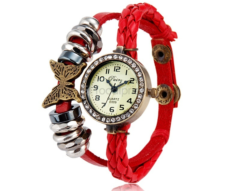 E009 Women's Round Dial Analog Display Wrist Watch with Crystal Decoration and Butterfly Leather Strap