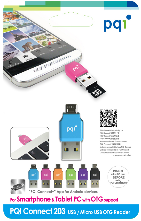 PQI Connect 203, PQI Connect 203, Micro USB OTG / USB Card reader for Micro SD card
The Best micro SD card reader Companion for Smart Phone & Tablet