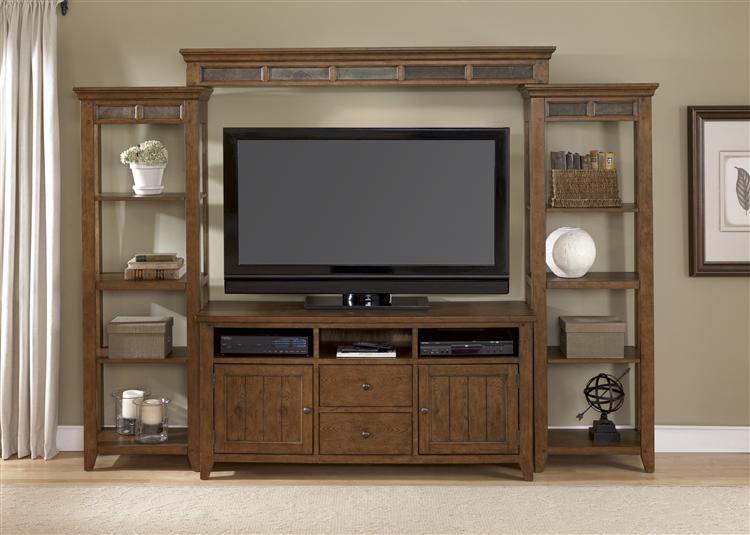 Liberty Furniture Hearthstone Entertainment Center with Piers in Rustic Oak Finish