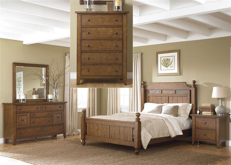 Liberty Furniture Hearthstone Poster Bed & Dresser & Mirror & Chest & Nightstand in Rustic Oak Finish