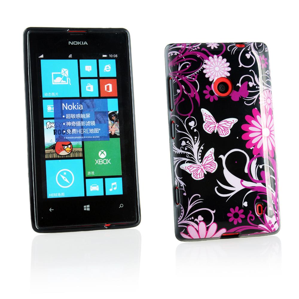 Kit Me Out US IMD TPU Gel Case + Screen Protector with MicroFibre Cleaning Cloth for Nokia Lumia 525   Black Pink Garden