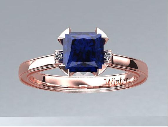 1.1ctw Princess Cut Blue Sapphire 14K Rose Gold/Yellow Gold/White Gold Pave 0.015ctw Diamond Ring/Wedding Ring/Engagement Ring/Anniversary Ring