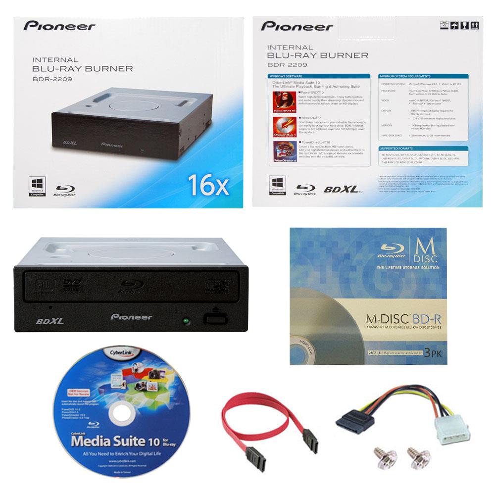 Pioneer BDR 2209 16X M Disc Blu ray BDXL CD DVD Internal Burner Writer Drive + FREE 3pk Mdisc BD + CyberLink Software Disc +  Cables & Mounting Screws