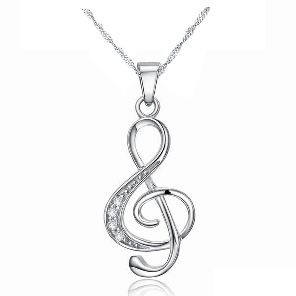 Chaomingzhen Rhodium Plated 925 Sterling Silver Cubic Zirconia Music Note Pendants Necklaces for Women   Chain Length 18"