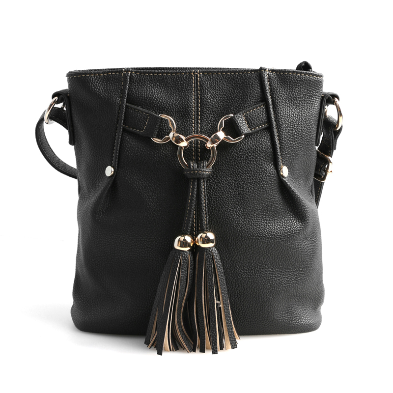 Candy Color Pu Office Lady Bucket Bag with Tassel Drawnstring Messenger Bag FF N02