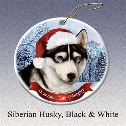 Holiday Pet Gifts Siberian Husky (Black & White) Santa Hat Dog Porcelain Christmas Tree Ornament