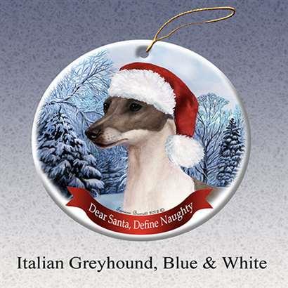 Holiday Pet Gifts Italian Greyhound, Blue and White Santa Hat Dog Porcelain Christmas Tree Ornament
