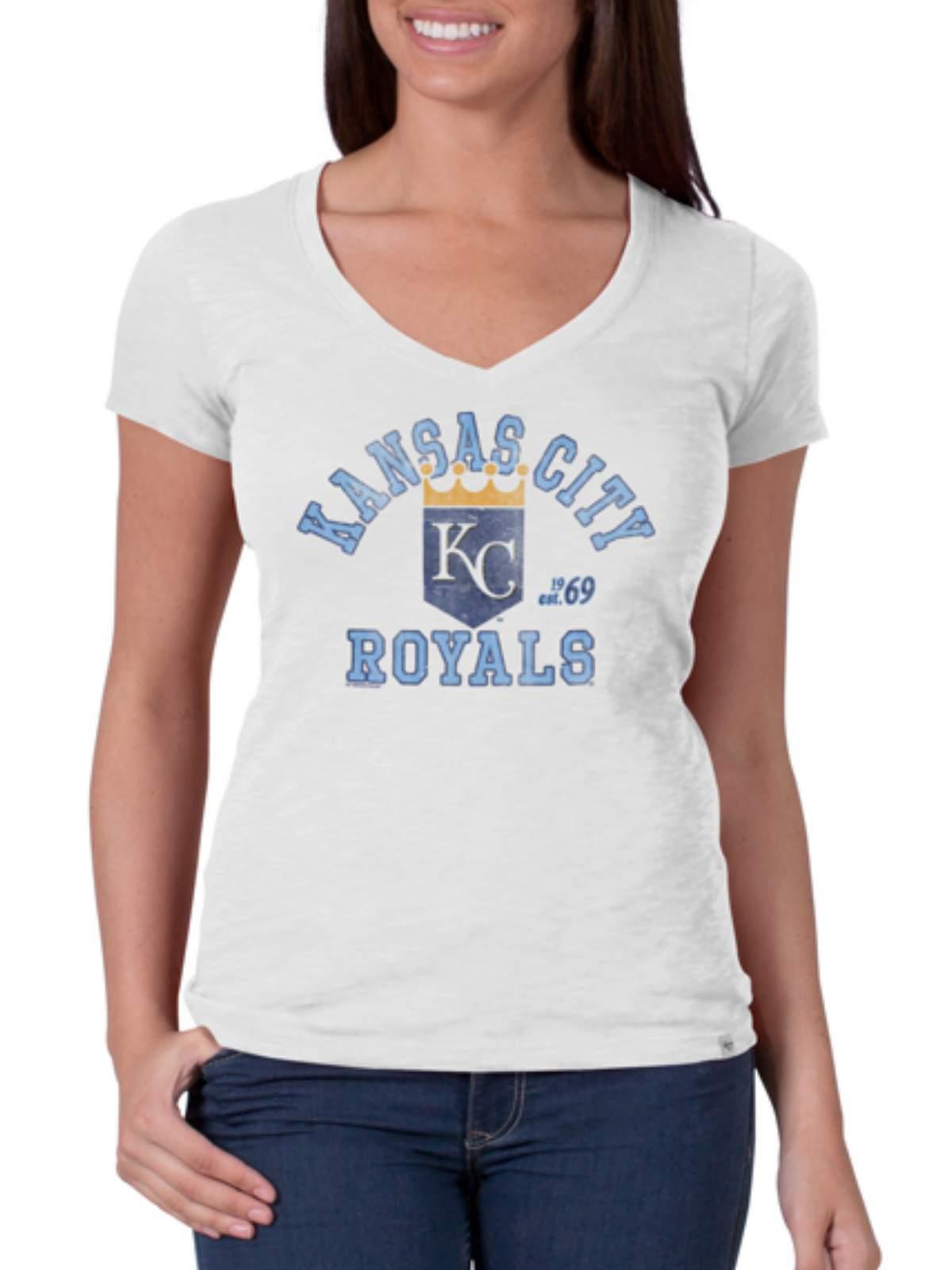 Kansas City Royals 47 Brand Women White Wash V Neck Scrum T Shirt (XL)