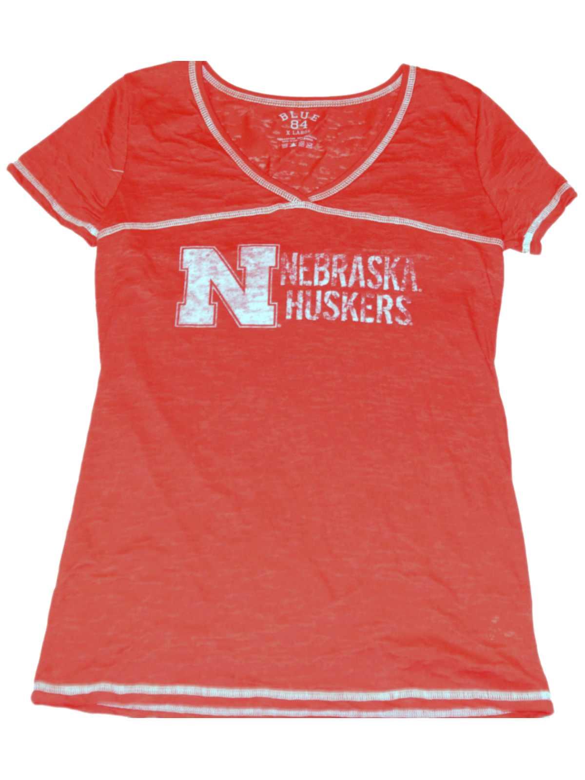 Nebraska Cornhuskers Blue 84 Womens Translucent Red V Neck T Shirt (XL)