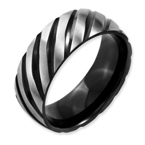 Stainless Steel 8mm Black Ip Plated Swirl Brushed & Polished Band, Size 8.5
