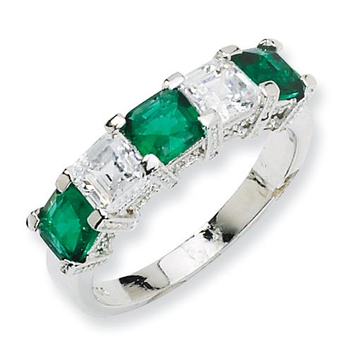 Sterling Silver Asscher Cut Simulated Emerald/Cz 5 Stone Ring, Size 6