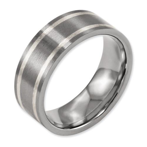 Titanium Sterling Silver Inlay Flat 8mm Brushed And Polished Band, Size 8.5