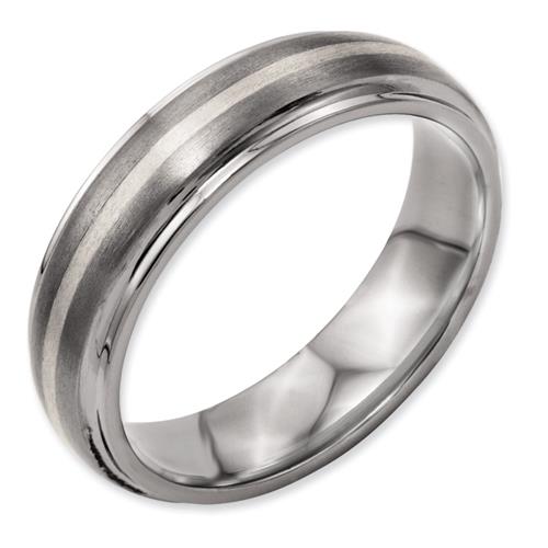 Titanium Ridged Edge Sterling Silver Inlay 6mm Brushed/Polished Band, Size 8.5