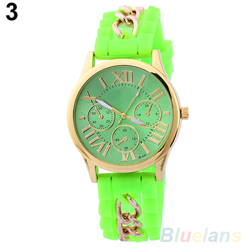 Men's Women's Golden Case Roman Numerals Silicone Alloy Strap Quartz Wrist Watch