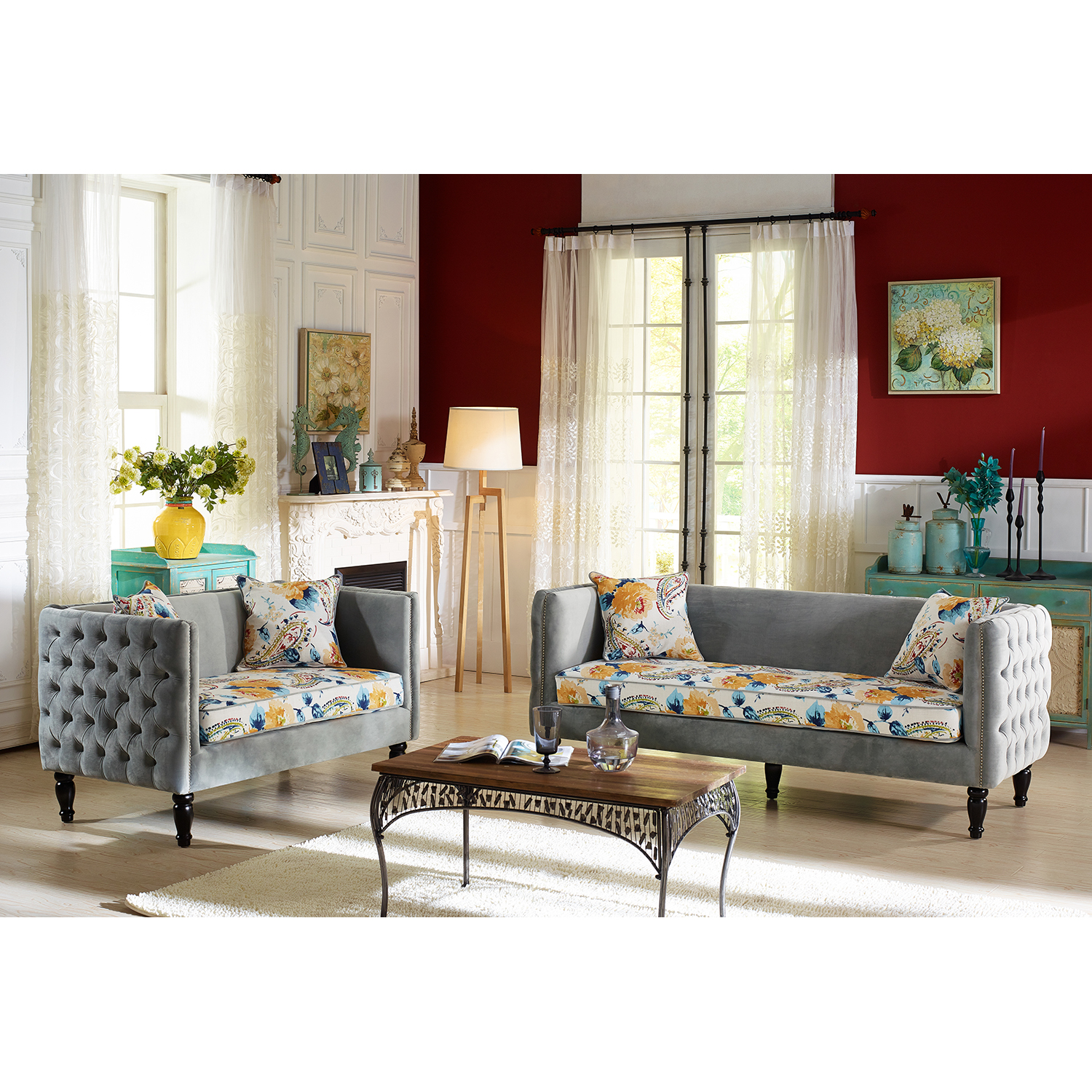 Baxton Studio Penelope Gray Velvet and Paisley Floral Sofa and Loveseat Set