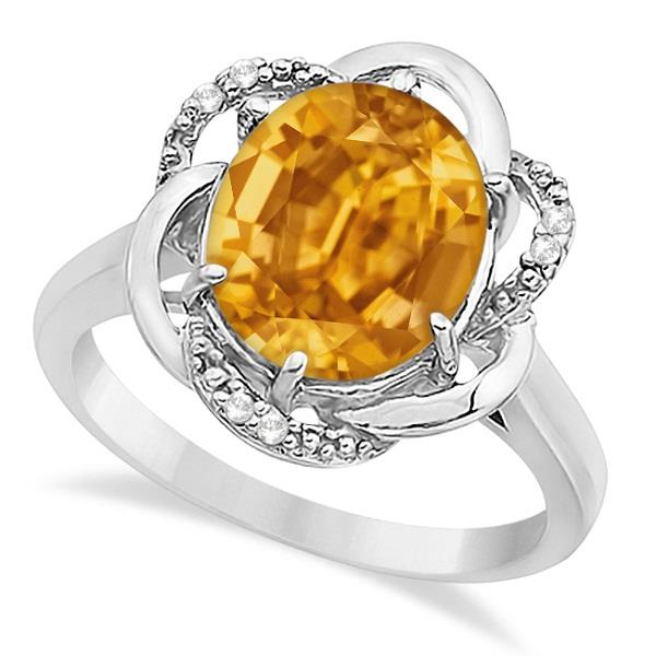 Citrine and Diamond Flower Cocktail Ring 14k White Gold (2.45ct)