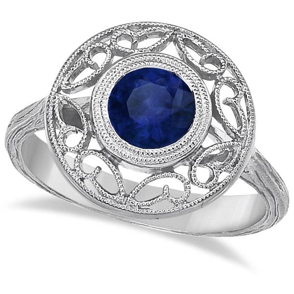 Antique Round Blue Sapphire Ring w/ Scroll Work 14k White Gold (1.10ct)