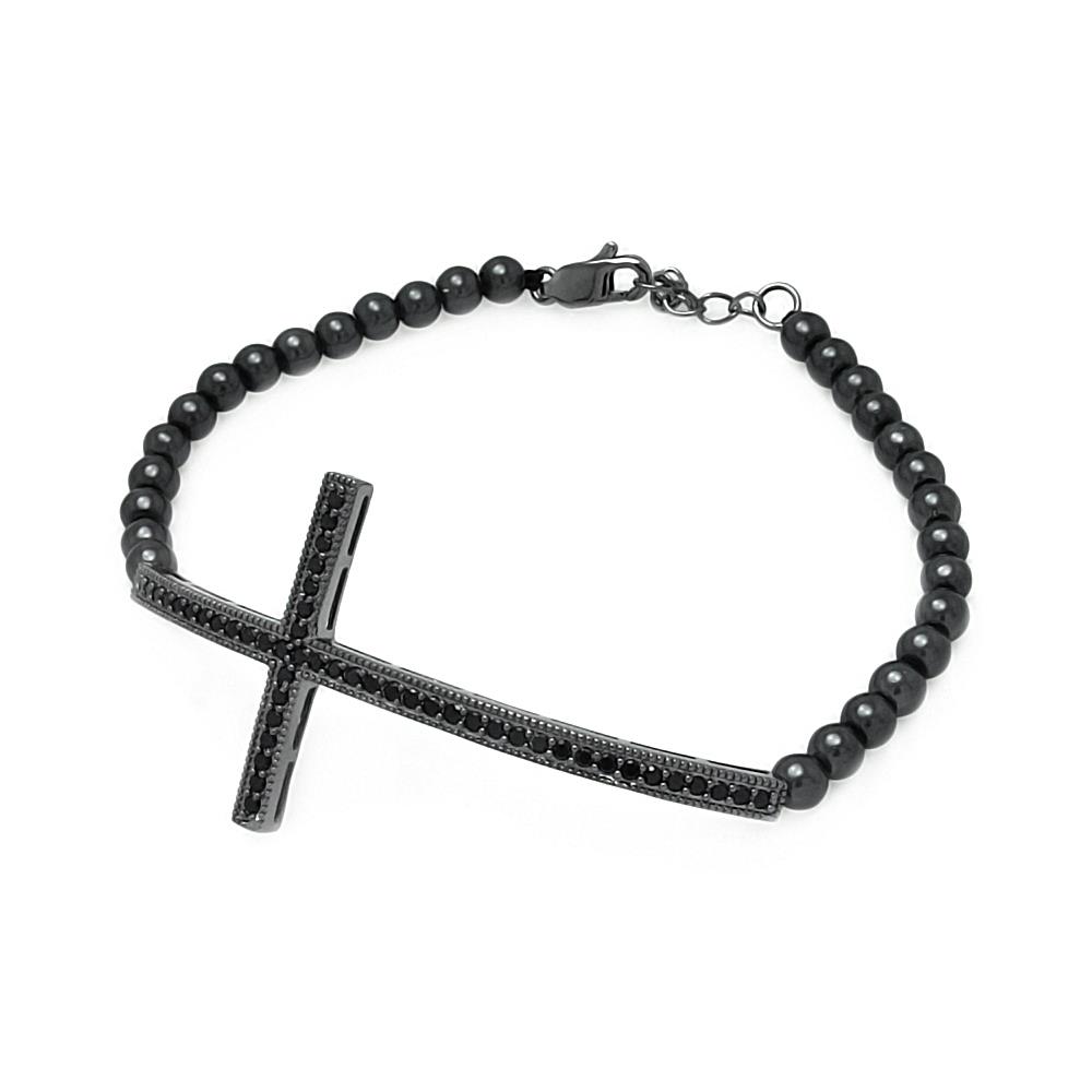 Women's Sterling Silver 925 Pearl Cubic Zirconia CZ Sideway Cross Religious Bead Chain Bracelet 7" 567 bgb00123