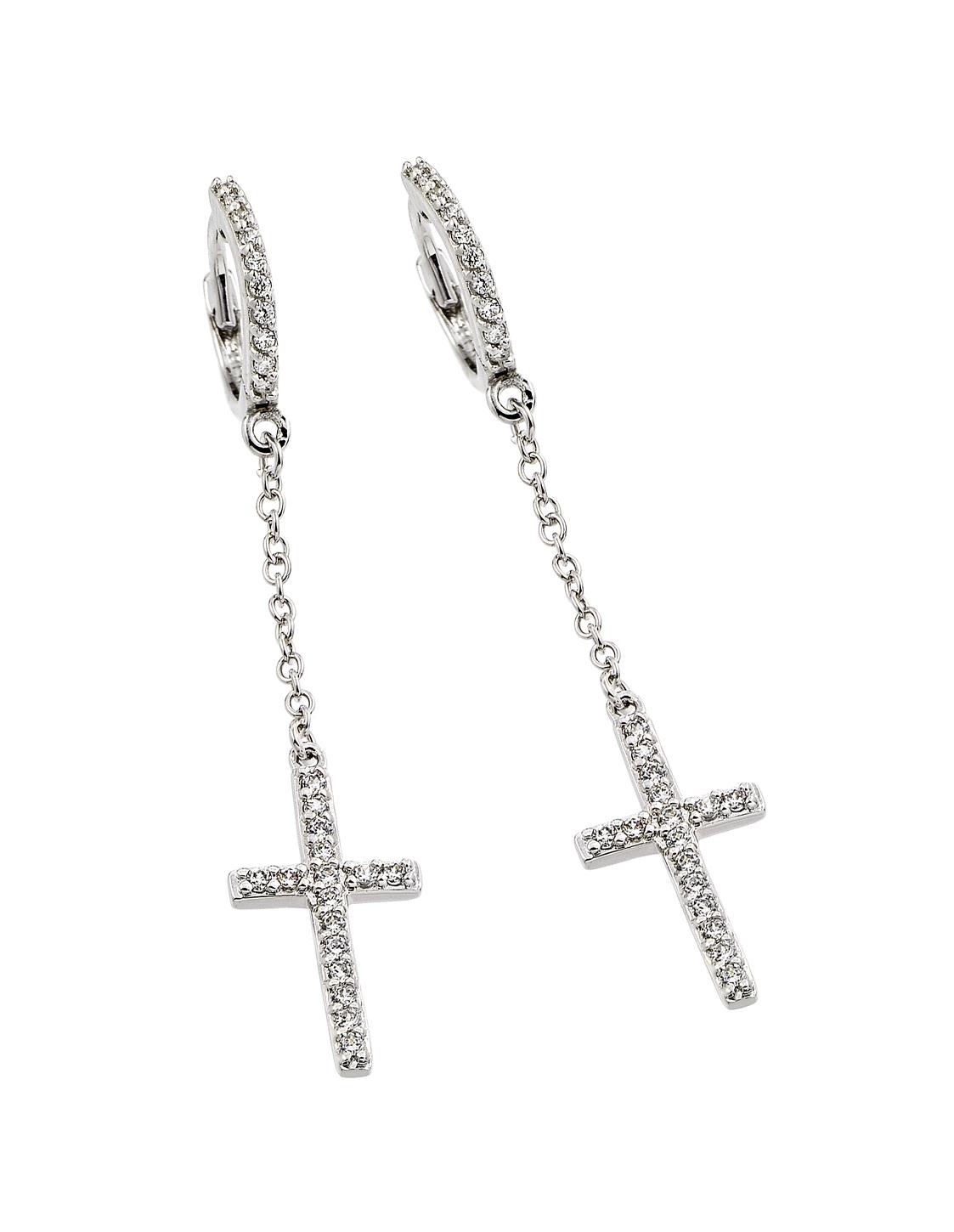 Sterling Silver .925 Cubic Zirconia CZ Cross Hoop Dangle Earrings Ladies Jewelry 567 bge00375 