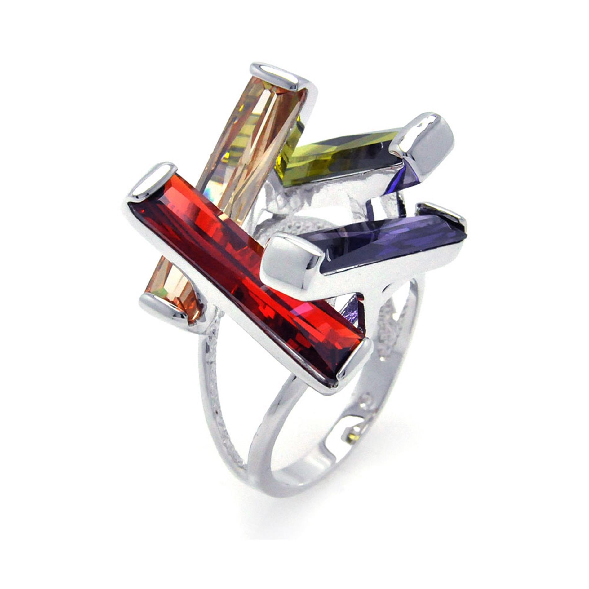 925 Sterling Silver Ladies Jewelry Open Square Multi Color Cubic Zirconia Ring