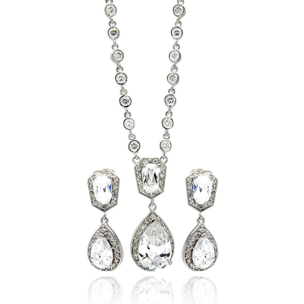 Cubic Zirconia CZ Ladies Brass Rhodium Teardrop Necklaces Pendant Earrings Jewelry Adjustable 16 18" 567 bbs00014