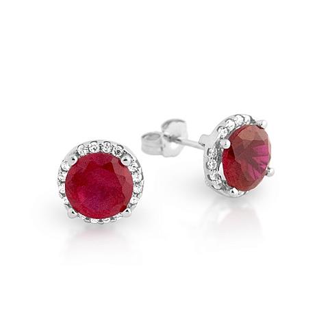 925 Sterling Silver Rhodium Plated 7.5Mm Red Round Cubic Zirconia Stud Earrings With All Around Clear Cubic Zirconia Stones