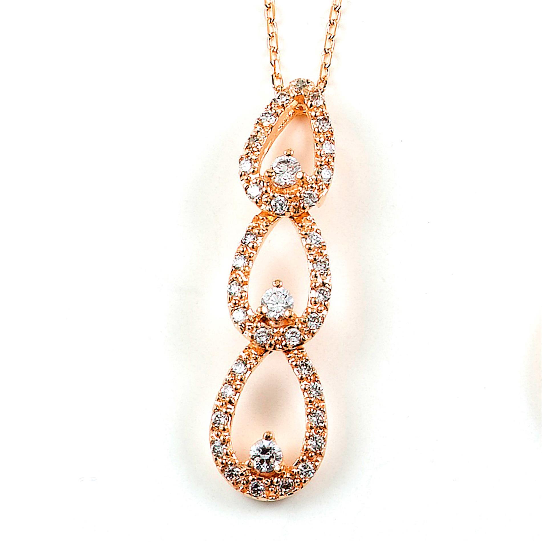 Sterling Silver Rose Gold Plated and CZ Triple Teardrop Necklace 345 DBN5109R