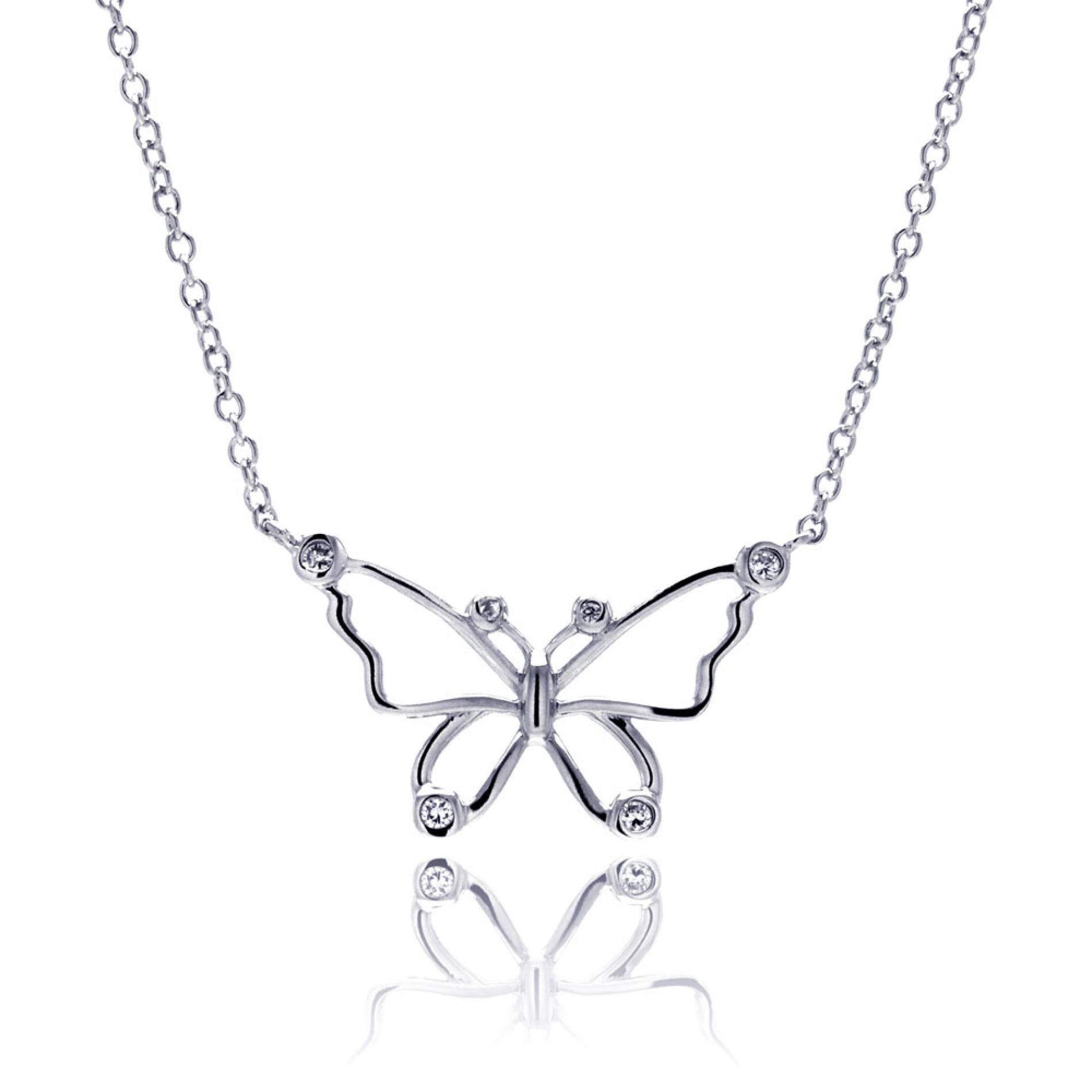 .925 Sterling Silver Cubic Zirconia Butterfly Pendant Necklace