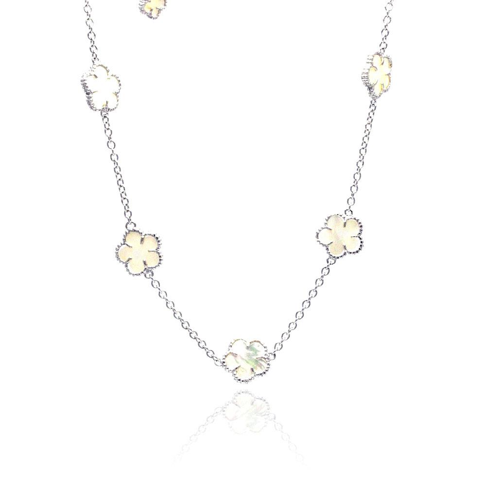 .925 Sterling Silver Rhodium Plated MOP Flower White Enamel Cubic Zirconia Necklace