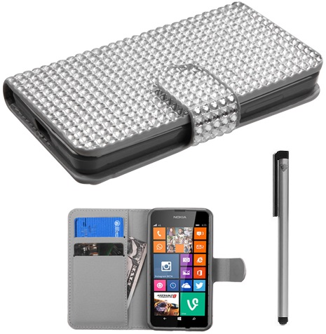 For Nokia Lumia 635 Studded Diamond Design Wallet Pouch Flap Phone Protector Cover Case Accessory with Stylus Pen