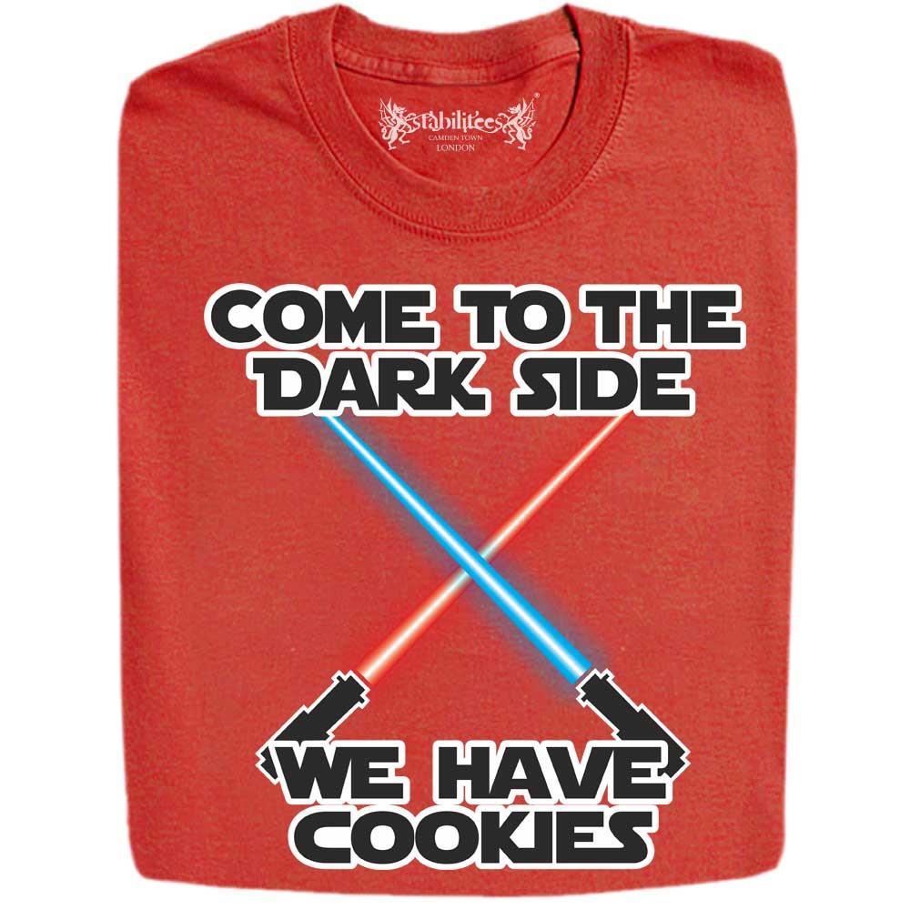 Stabilitees Funny "Come to the Dark Side We Have Cookies" Lightsaber Slogan T Shirts