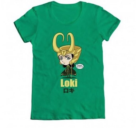 Marvel Loki Kawaii Kneel Before Me Juniors Green T Shirt