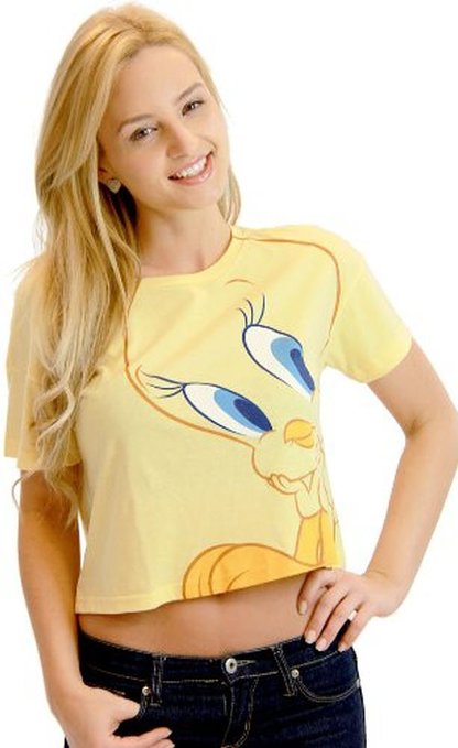 Looney Tunes Tweety Bird Yellow Vintage Juniors Over Sized Cropped T shirt