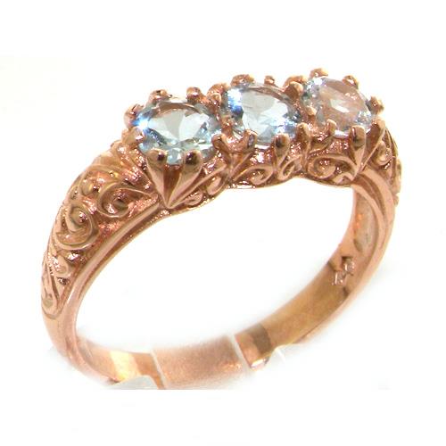 Luxury 9K Rose Gold Womens Victorian Style Aquamarine Trilogy Ring   Size 7.75   Finger Sizes 5 to 12 Available
