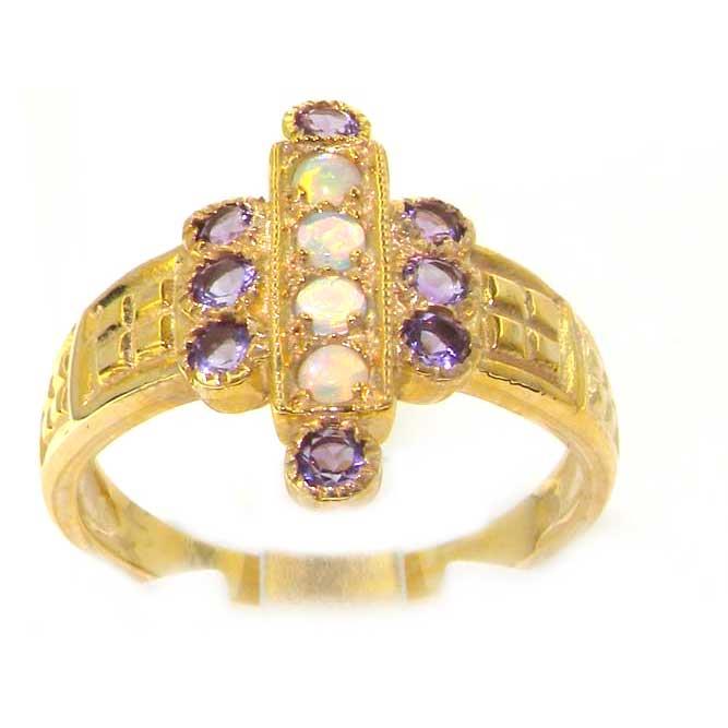 Luxury 9K Yellow Gold Womens Large Opal & Amethyst Aztec Style Ring   Size 5.75   Finger Sizes 5 to 12 Available