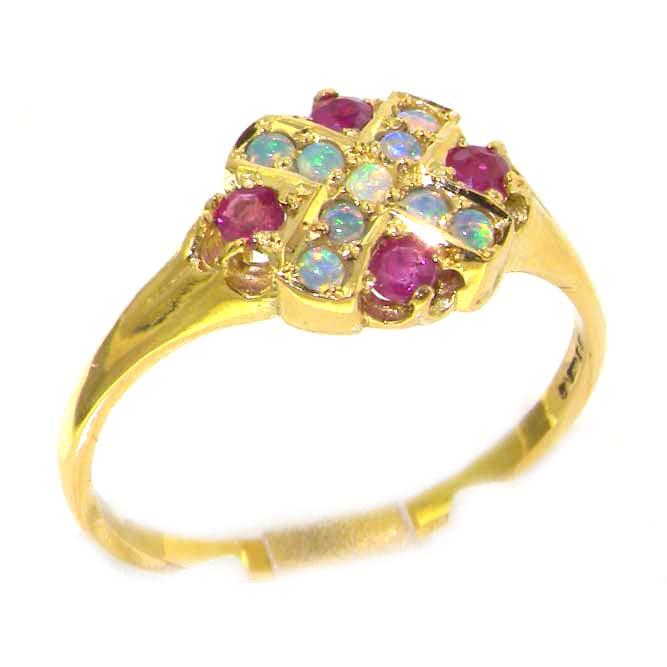 18K Yellow Gold Womens Victorian Style Opal & Ruby Cluster Ring   Size 8.5   Finger Sizes 5 to 12 Available